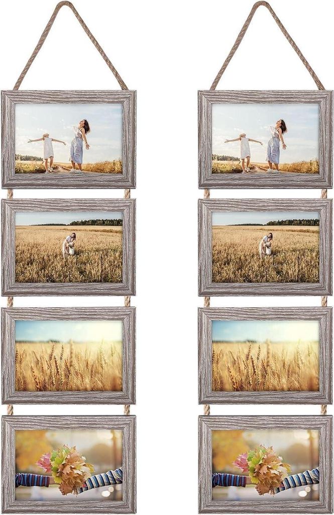 Two vertical collages of four photo frames each, hanging from ropes.