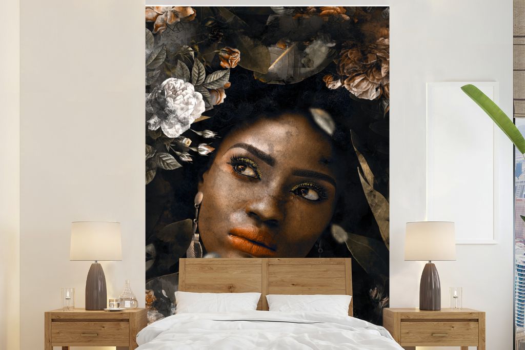 MuchoWow Fototapete für Wohnzimmer oder Schlafzimmer Wandtapete Vinyl Motivtapete Frau - Blumen - Farben - 195x300 cm - Das Hintergrundbild