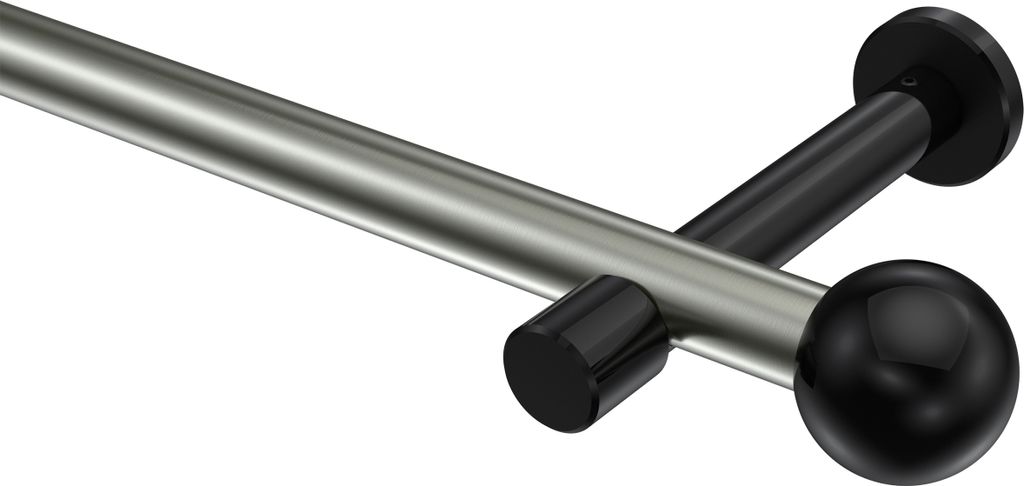 Interdeco Gardinenstange / Vorhangstange Edelstahl-Optik / Schwarz, Typ Prestige Luino (Kugel) ohne Ringe, 20 mm Ø 1-läufig, 520 cm