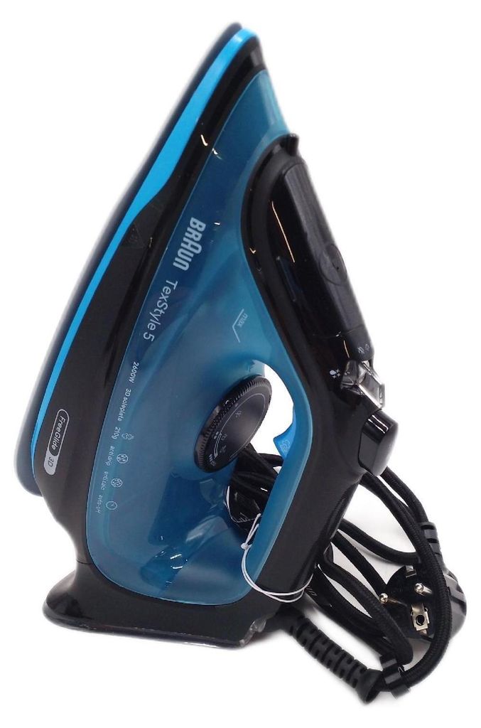 A close-up, angled view of a blue and black Braun TexStyle 5 steam iron against a white background.