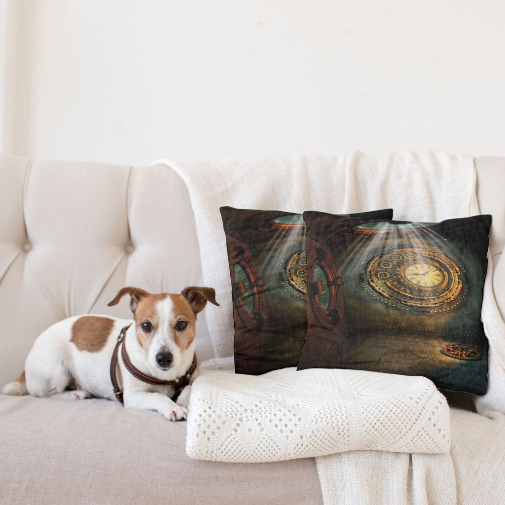 ABAKUHAUS Fantasie Kissenbezug Set (2Stück), Fantasy Landschaft Mit Uhr Dream Sky Rays Von Der Decke Fiktiven Artwork, 45x45cm, Brown und Teal