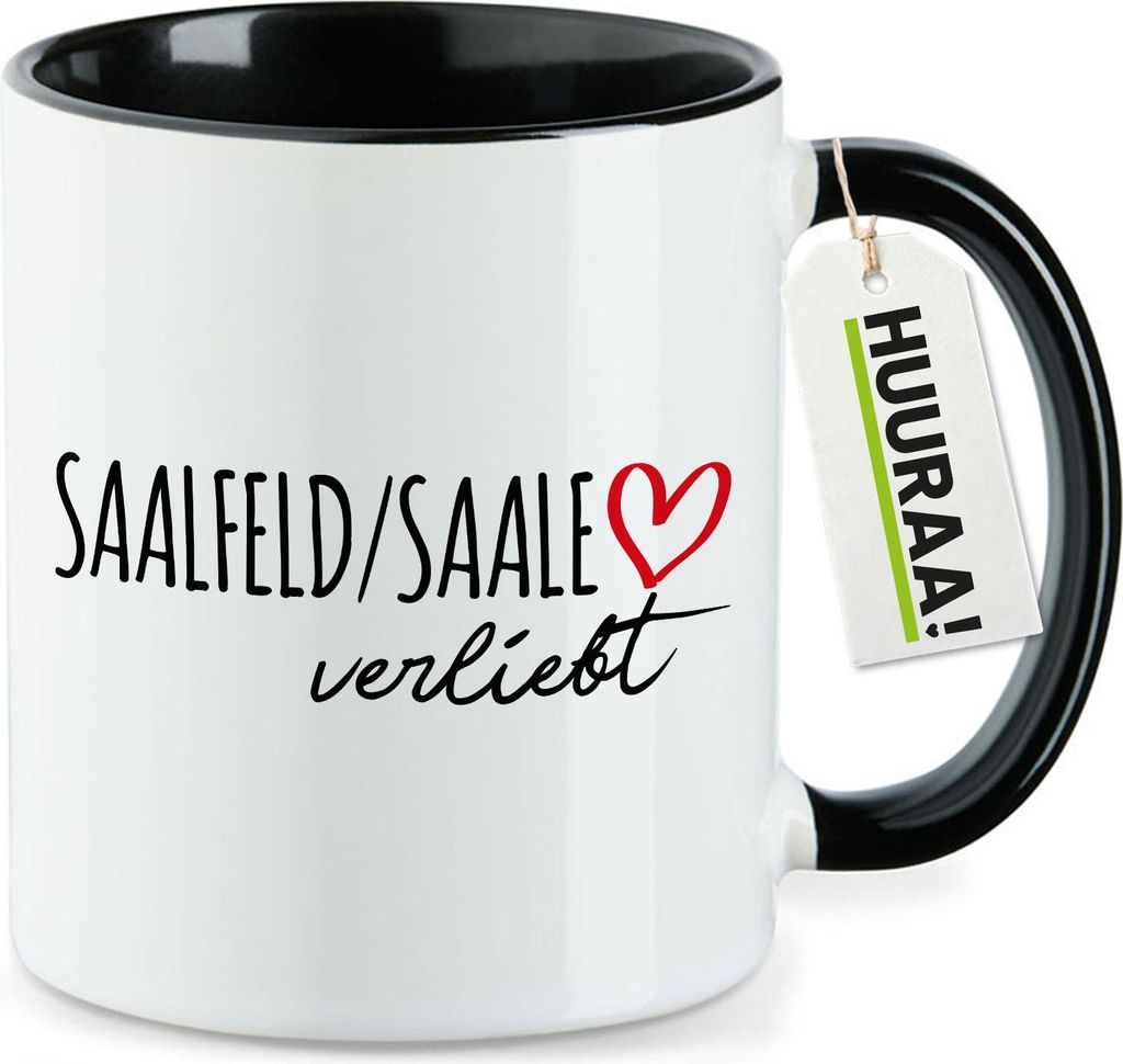 Huuraa Kaffeetasse Saalfeld Saale verliebt 330ml Schwarz Keramik Kaffeebecher Geschenkidee