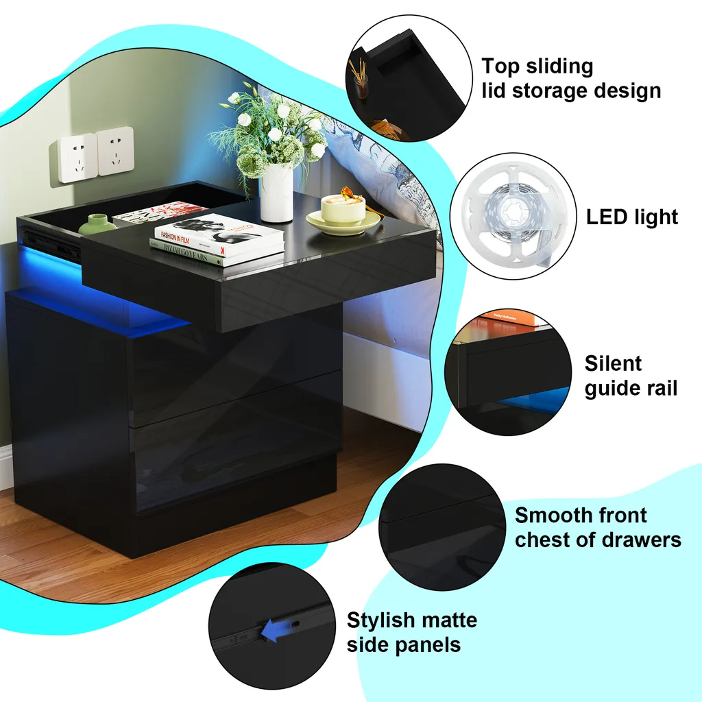 Table de chevet LED design noir avec double tiroir de rangement 52cm - 3