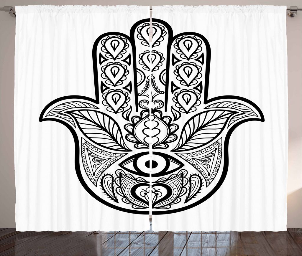 ABAKUHAUS Hamsa Rustikaler Gardine, Natur Tribal Boho Kunst, Schlafzimmer Kräuselband Vorhang mit Schlaufen und Haken, 280 x 225 cm, Weiß Schwarz