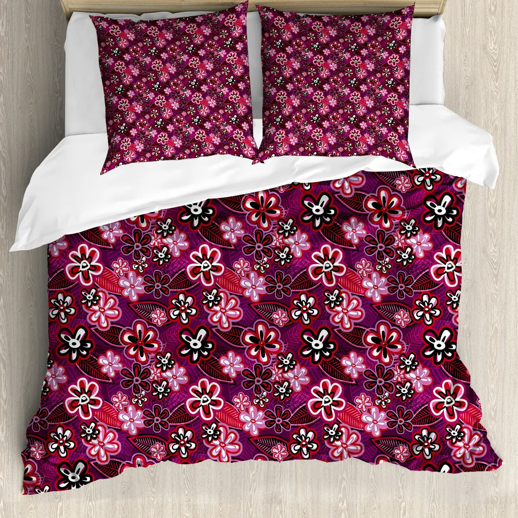 ABAKUHAUS Copripiumino con motivo floreale, Moderno petalo naturale, Antiacaro Adatto a chi soffre di allergie con federe, 155 cm x 220 cm - 80 x 80 cm, viola Bianco
