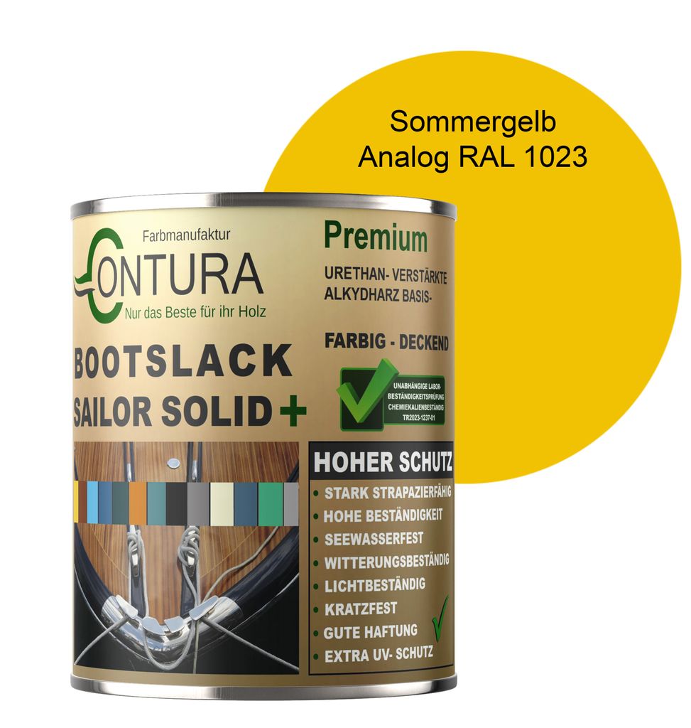 Contura Bootslack 1Liter. Farbig Glänzend Yacht- Buntlack Metall Holz GFK Holzlack Schiffslack RAL Boot - Sommergelb RAL 1023 Analog