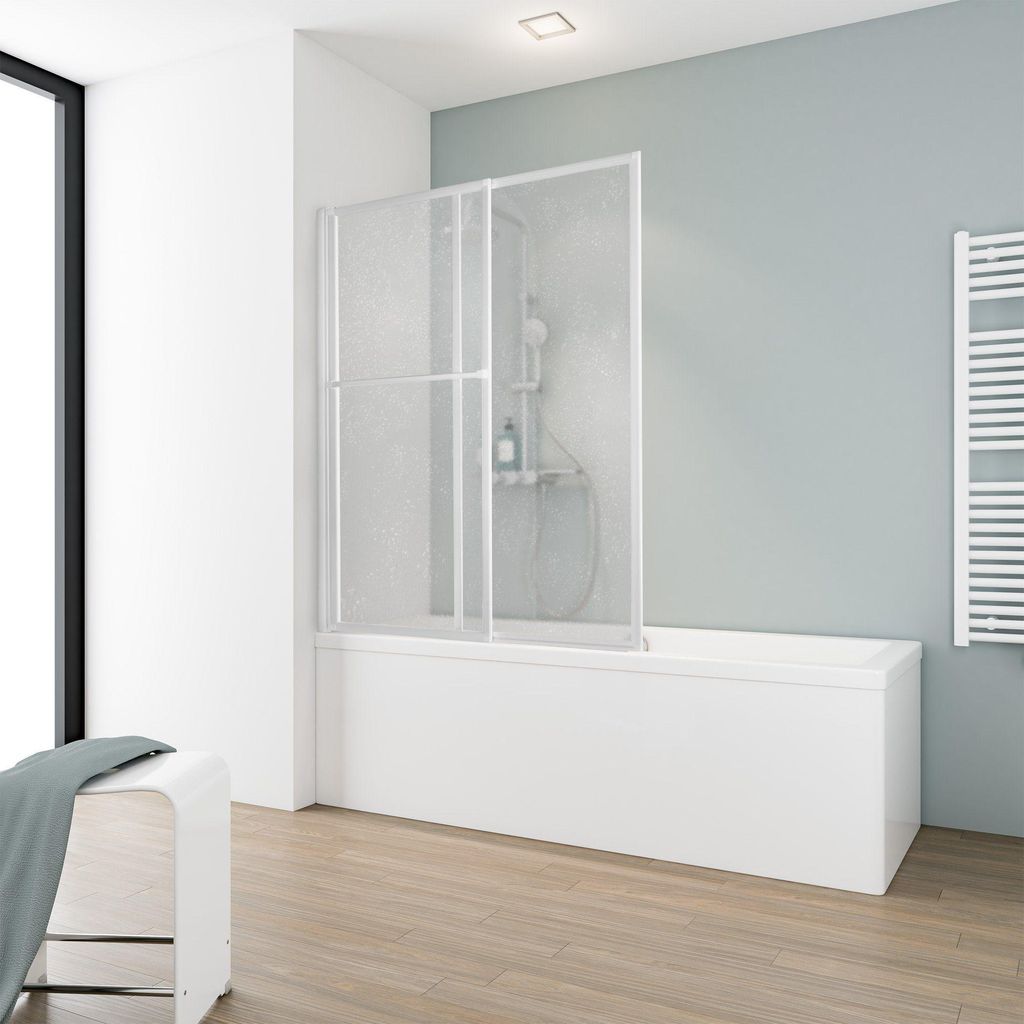2-teiliger Badewannenaufsatz mit Kunstglas und weißem Rahmen auf Badewanne im Bad