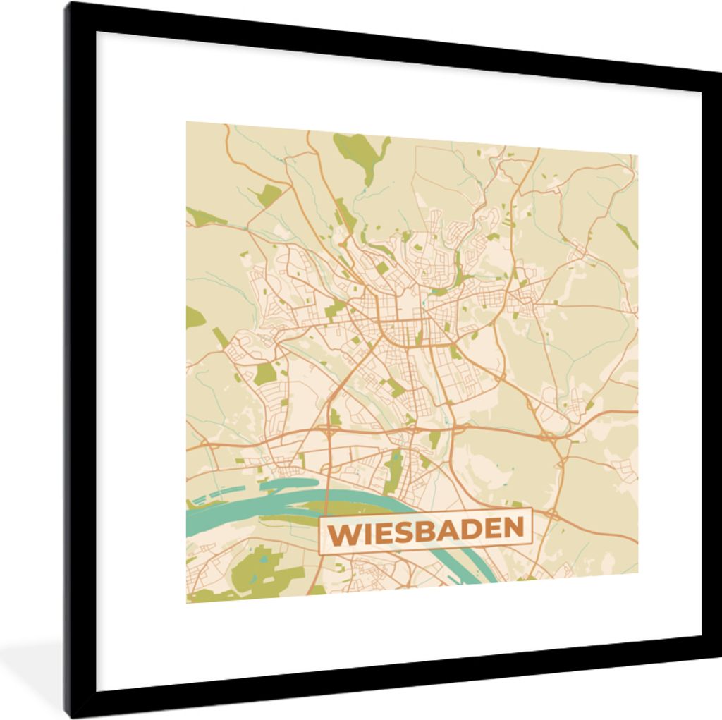 MuchoWow Gerahmtes Poster Karte - Wiesbaden - Vintage - Stadtplan 40x40 cm - Poster mit Schwarzem Bilderrahmen Wandposter Rahmen Foto Bilder - Po...