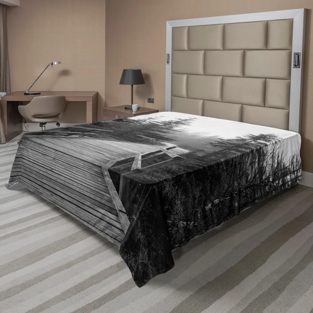 Grand drap plat décoratif paysage forêt de pins 244x205cm Noir et Blanc