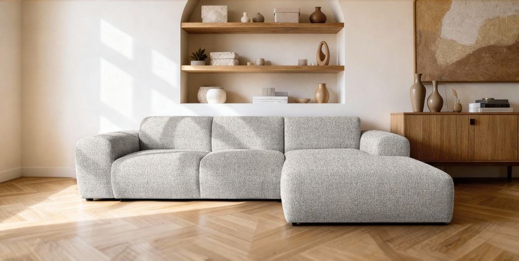 Sofiland GIN Ecksofa L-Form 310x192 cm Ottomane rechts Strukturstoff Hellgrau