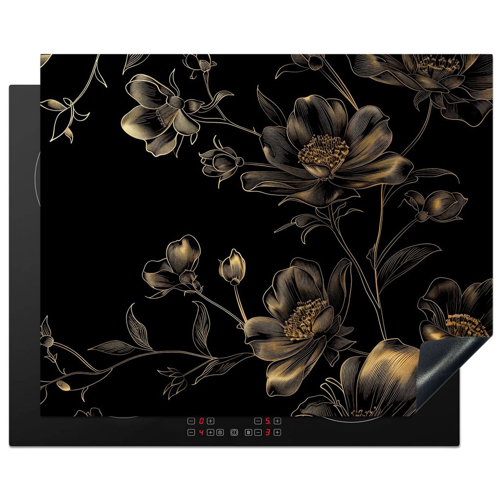 KitchenYeah Herdabdeckplatte Schwarz - Blumen - Gold , 65x52cm, Küche Deko, Glaskeramikkochfeld Herdabdeckung, Abdeckplatte fùr Kochfeld