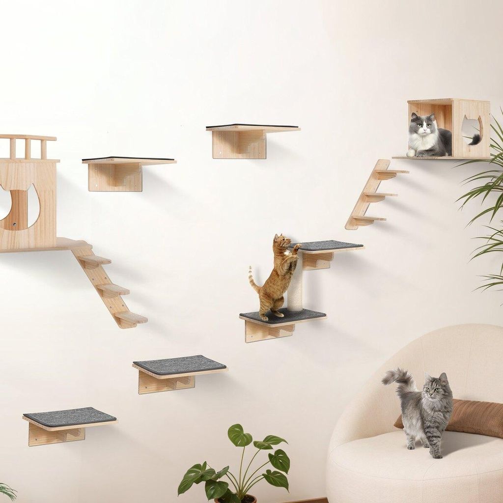 Wandmontierte Katzenregale Baum mit Sprungbrettern Nestern Hängematte 9er-Set