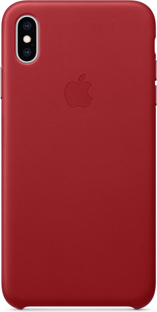 The back of a red iPhone case with the Apple logo embossed in the center.