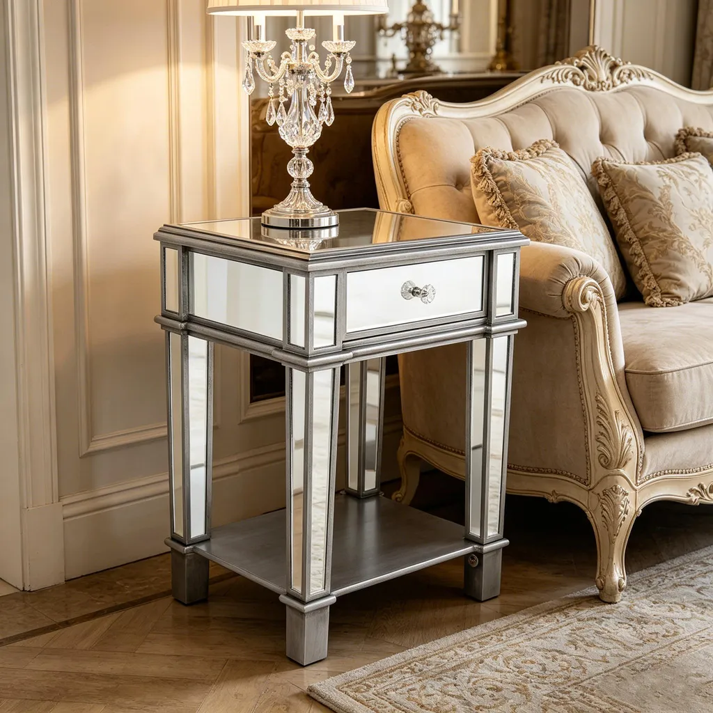Vrygle Table d’Appoint Miroir Argent avec Tiroir et Étagères 45x38x64cm