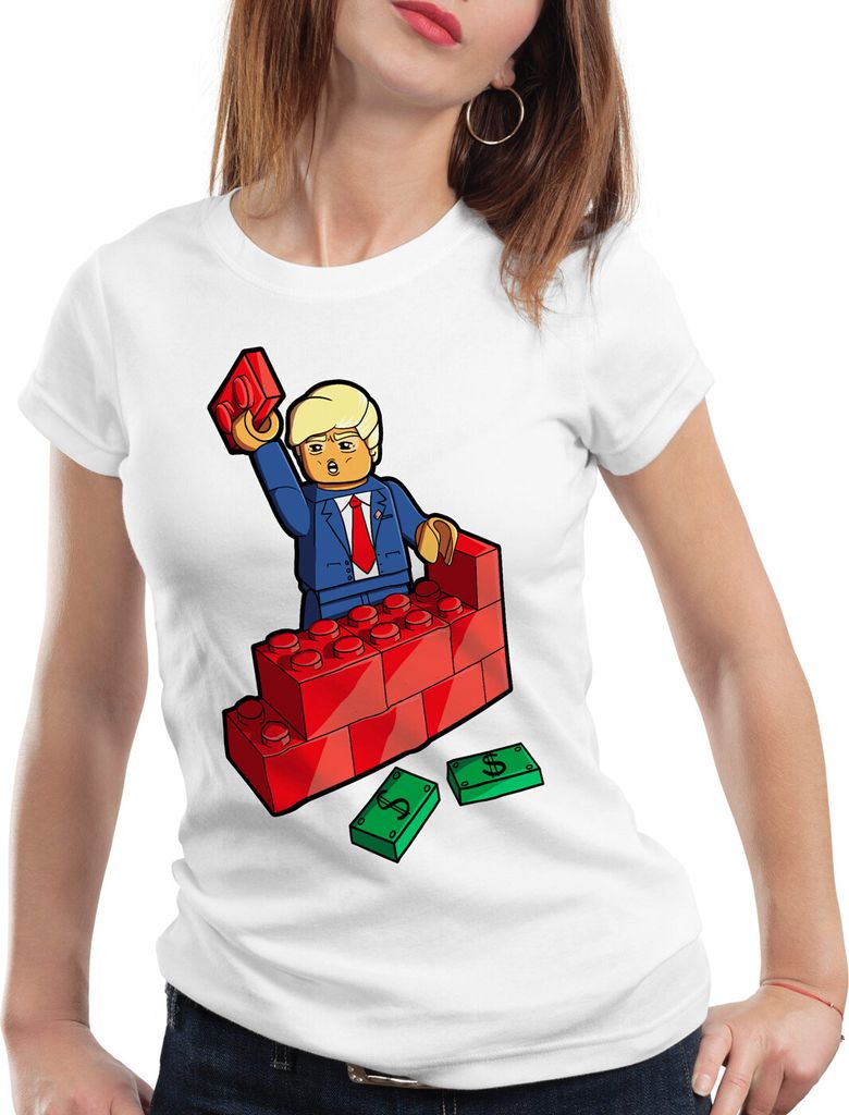 style3 Baustein Präsident Damen T-Shirt usa vereinigte staaten mauer, Farbe:Weiß, Größe:XL