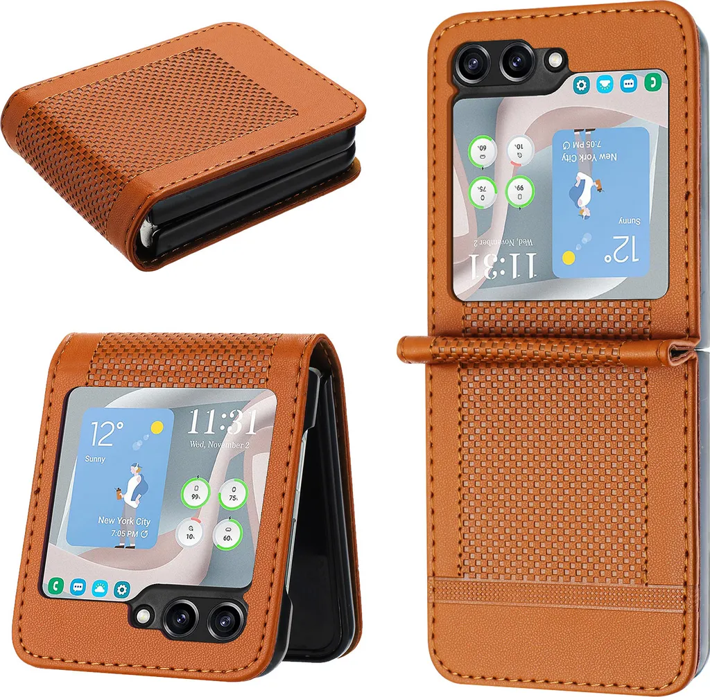 Custodia Samsung Z Flip 5 in Pelle Marrone con Supporto | Top Qualità