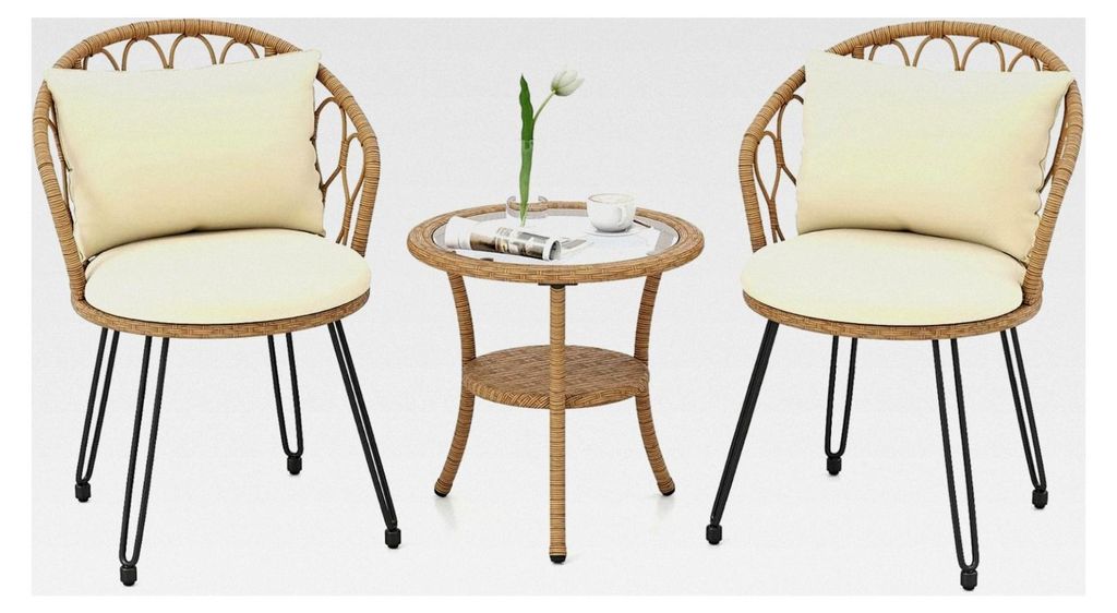 Rattan Gartenmöbel Set, Balkonmöbel für kleine Balkone, 3-teiliges Set mit 2 Stühlen und Tisch, Terrassenmöbel für 2 Personen, Sitzgruppe fü...