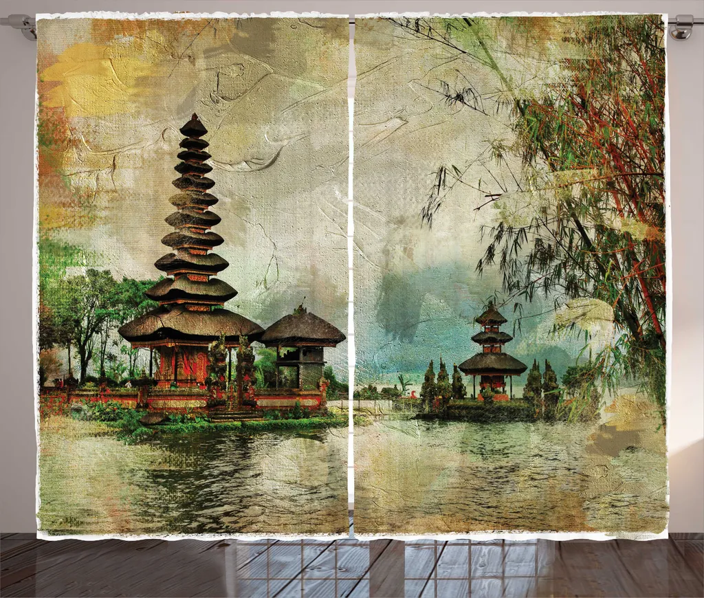 Rideau de décoration pour grand salon thème Bali 280x225 cm Khaki