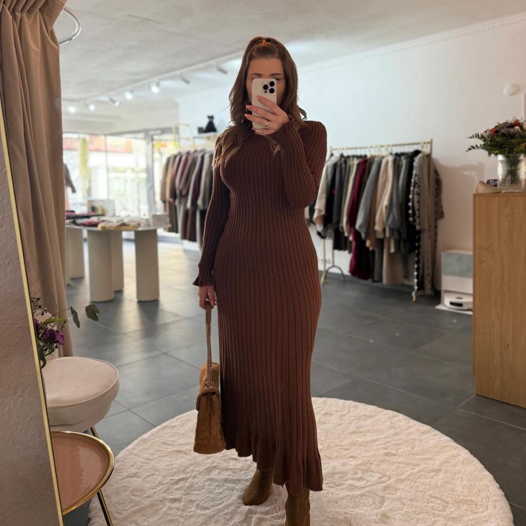Strickkleider Damen Langes Kleid "Katja" Braun, Onesize (XS-XL) Traumhaftes, langes Langarm Kleid, für frauen Strick kleid, Damenkleid, Maxi Kleid