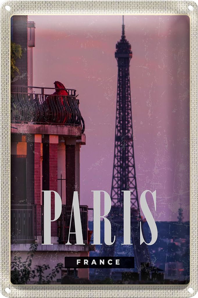 Blechschild Reise 40x30cm Paris France Sonnenuntergang Turm