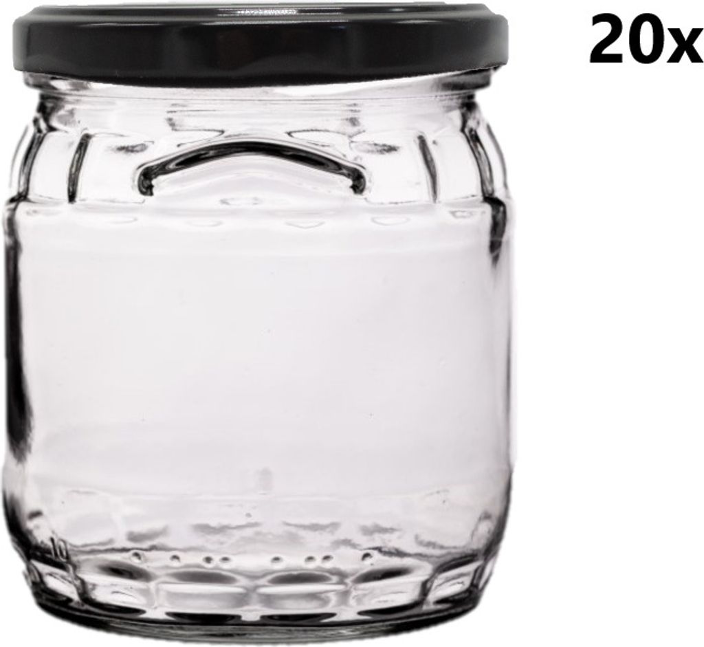 Einmachglas 420 ml FACETTE FÄSSCHEN klar/transparent 20 Stück INKLUSIVE SCHWARZEN DECKELn, Anzahl der Teile in einer Packung: 20