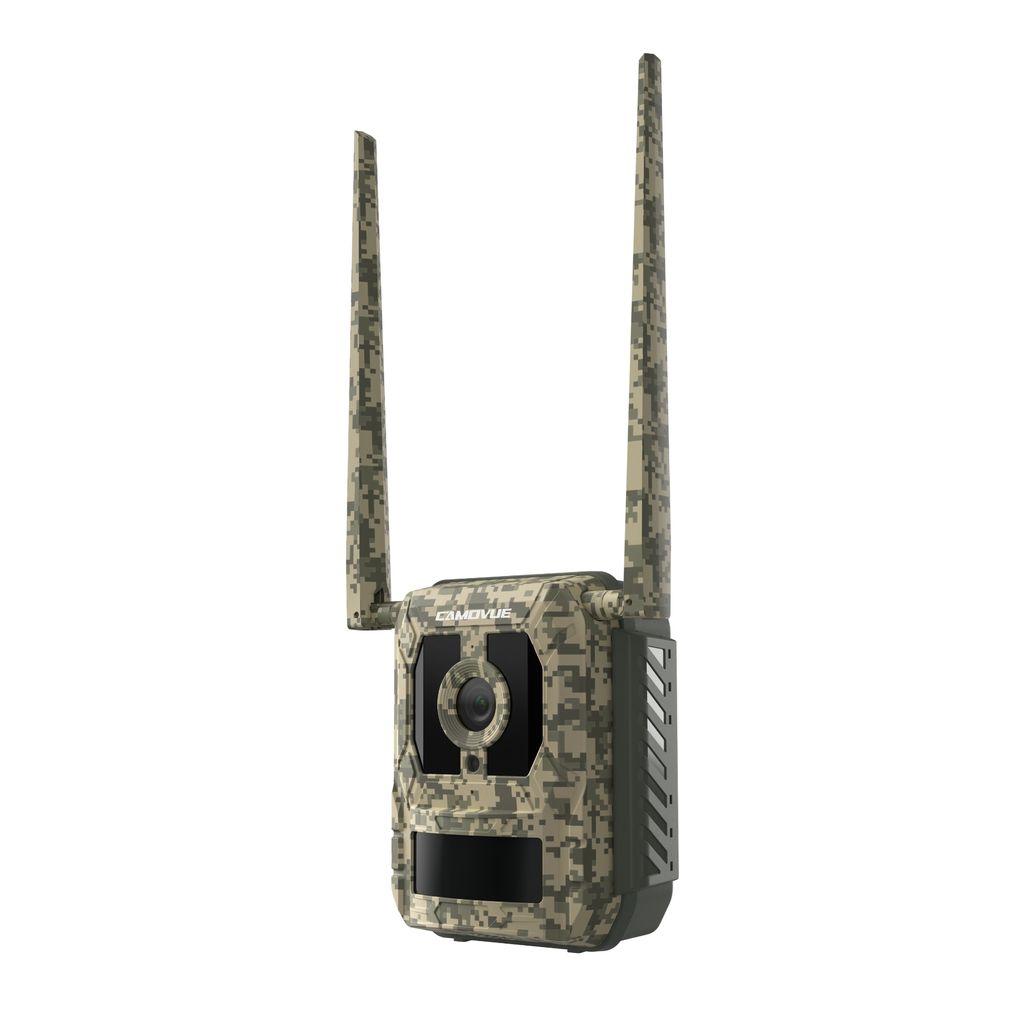 A digital camouflage trail camera with two antennas, shown against a white background.