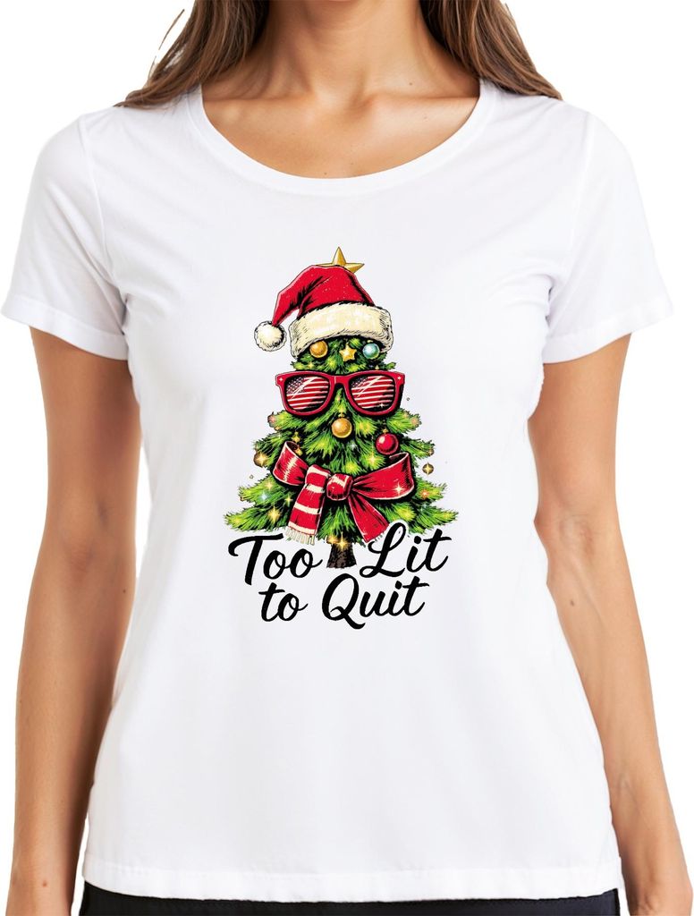 Too Lit to Quit Weihnachtsbaum Sonnenbrille Party Geschenk Damen T-Shirt, Weiß, XL
