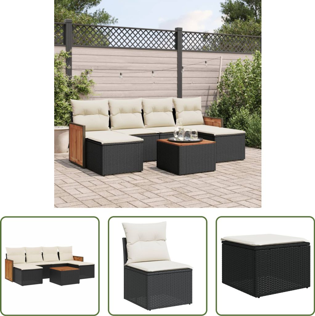 The Living Store 7-tlg. Garten-Sofagarnitur mit Kissen Schwarz Poly Rattan