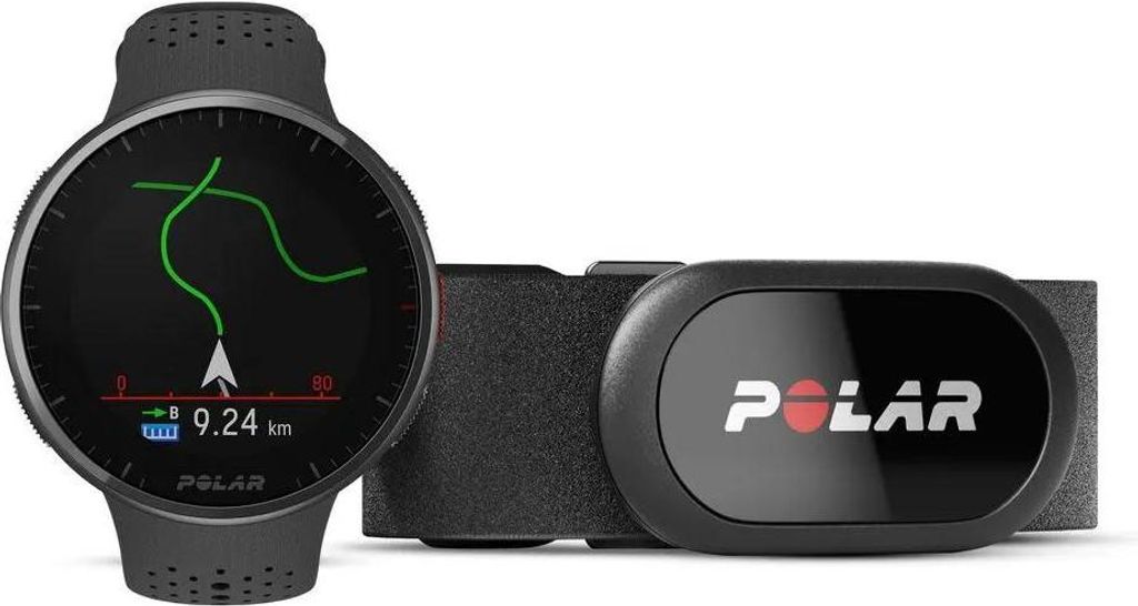 A smartwatch and a heart rate monitor are displayed against a white background.