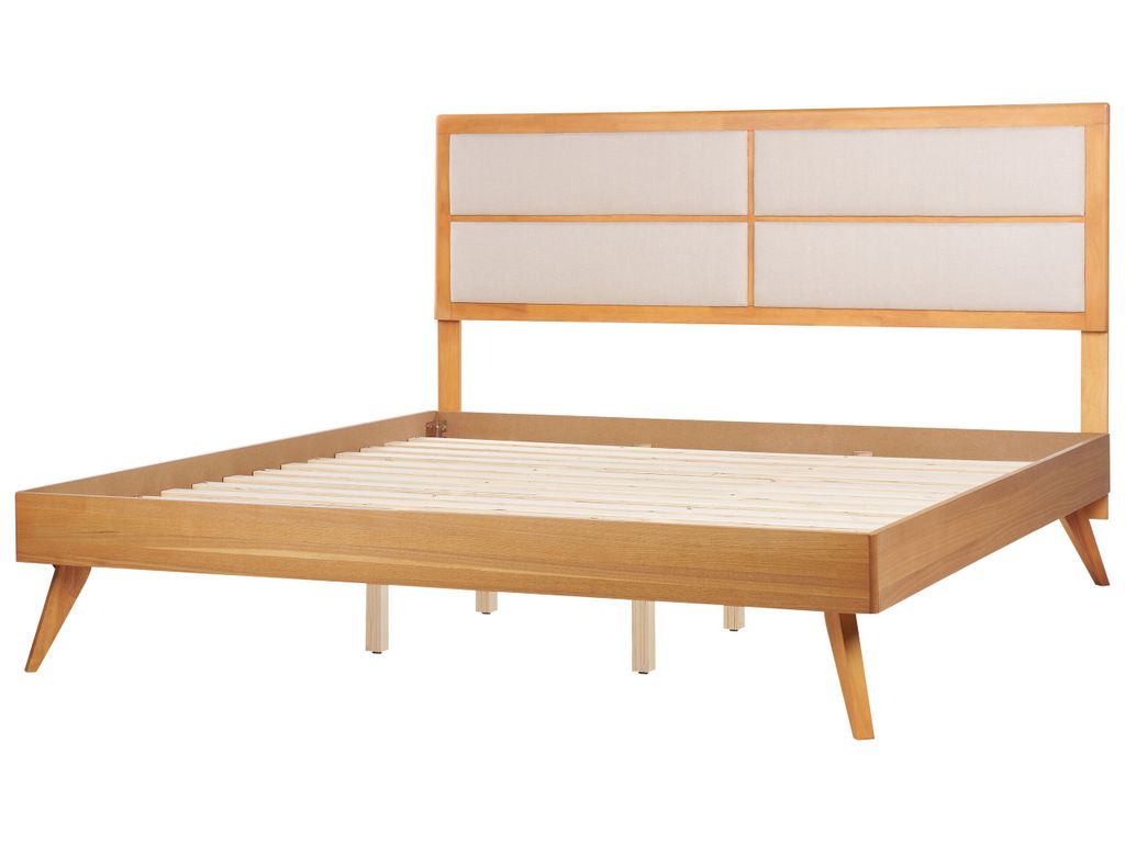 BELIANI Bett Braune Esche MDF-Platte Holzoptik mit Lattenrost 180 x 200 cm Hohes Kopfteil mit Beiger Polsterung Klassisch Schlafzimmer Doppelbett