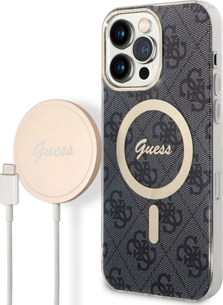 Guess 4G MagSafe Compatible Case + Wireless Charger für iPhone 14 Pro Max schwarz