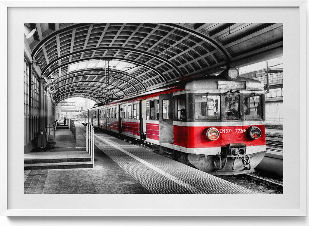 Alter Bahnsteig– Wandbild mit Rahmen – Gerahmtes Bild – Wanddekoration – 100x70 cm – Weiß Rahmen
