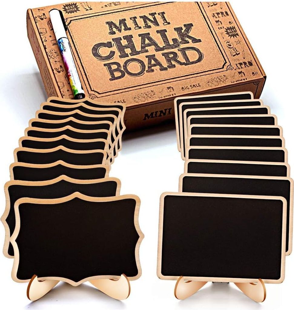 20 STK. Abwischbare Mini Tafel Klein Holz Kreidetafel mit Ständer- als Tischkarten Platzkarte Namensschild Preisschilder für Hochzeit, Geburtstag...