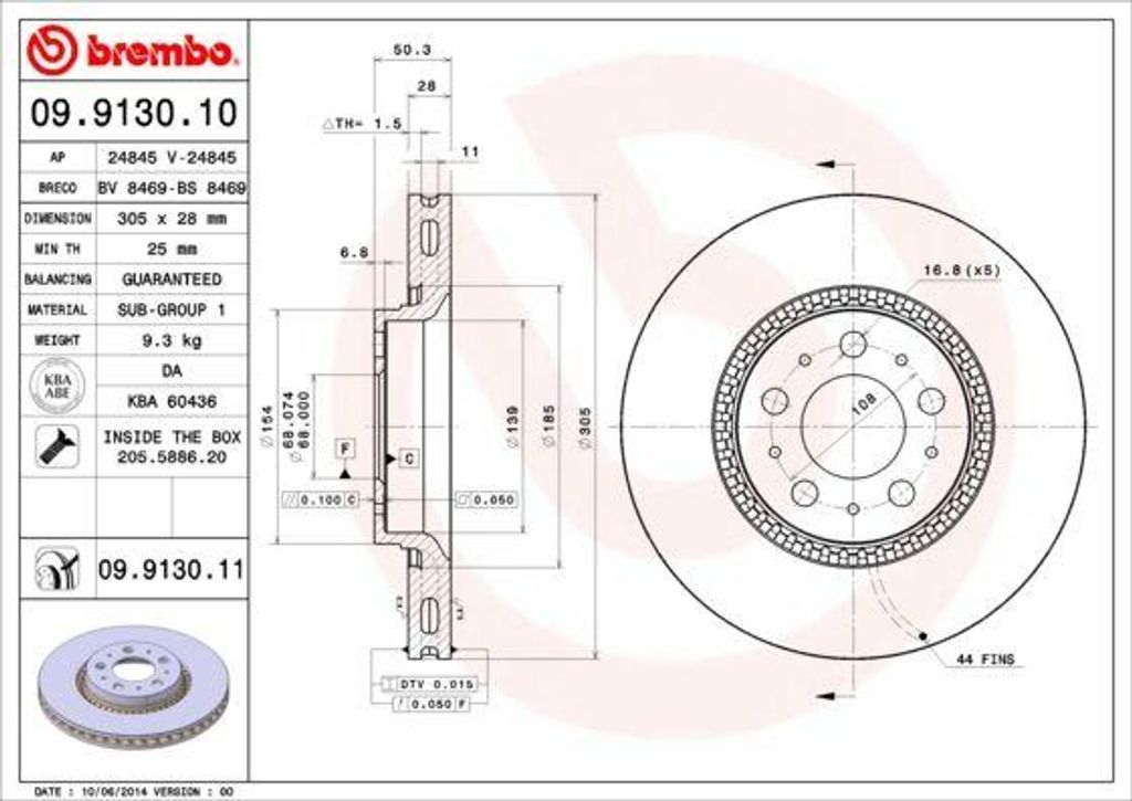 BREMBO 09.9130.11 Bremsscheibe OE 272404 kompatibel mit XC70, V70, S80, S60