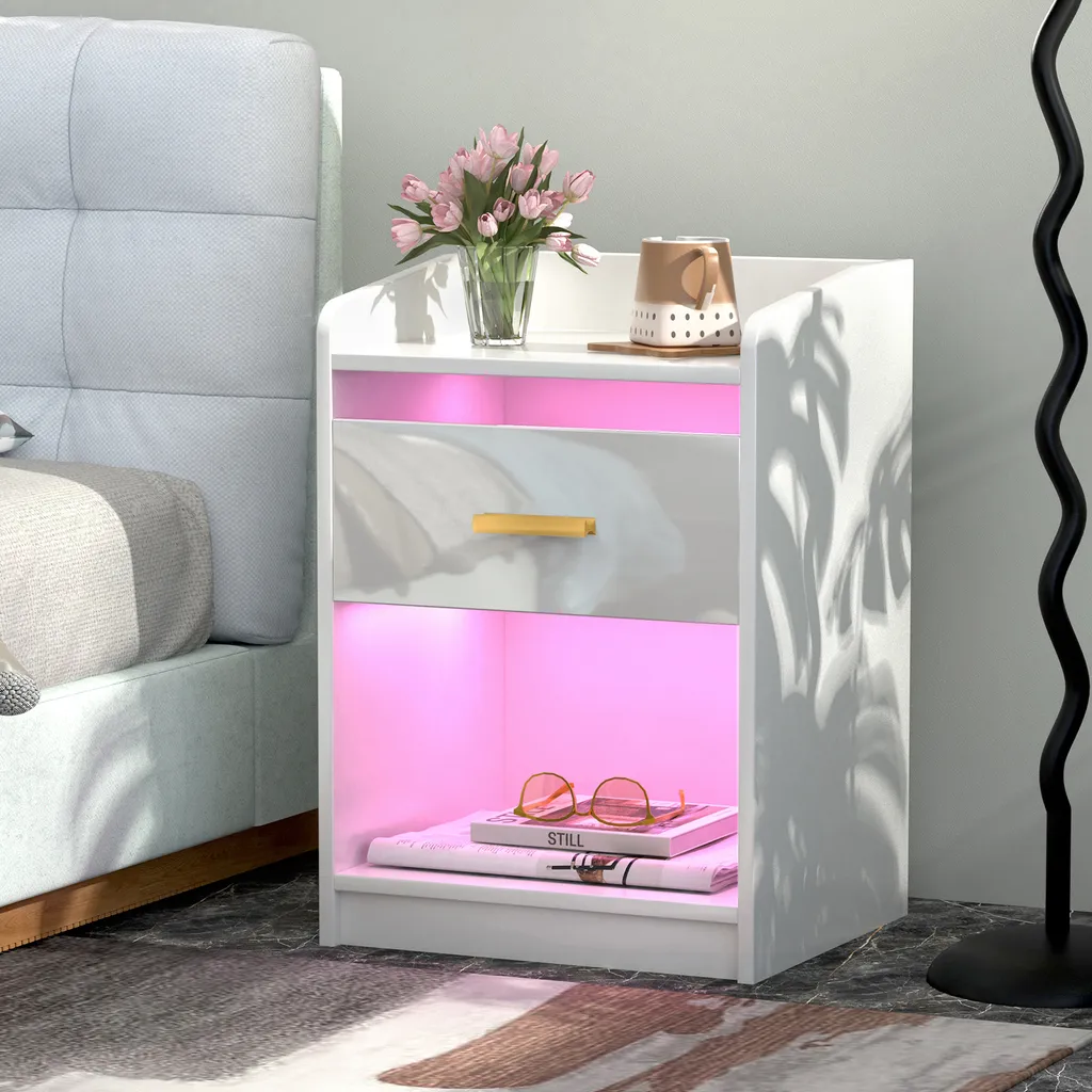 Table de nuit avec éclairage LED connecté et rangements ouverts blanche