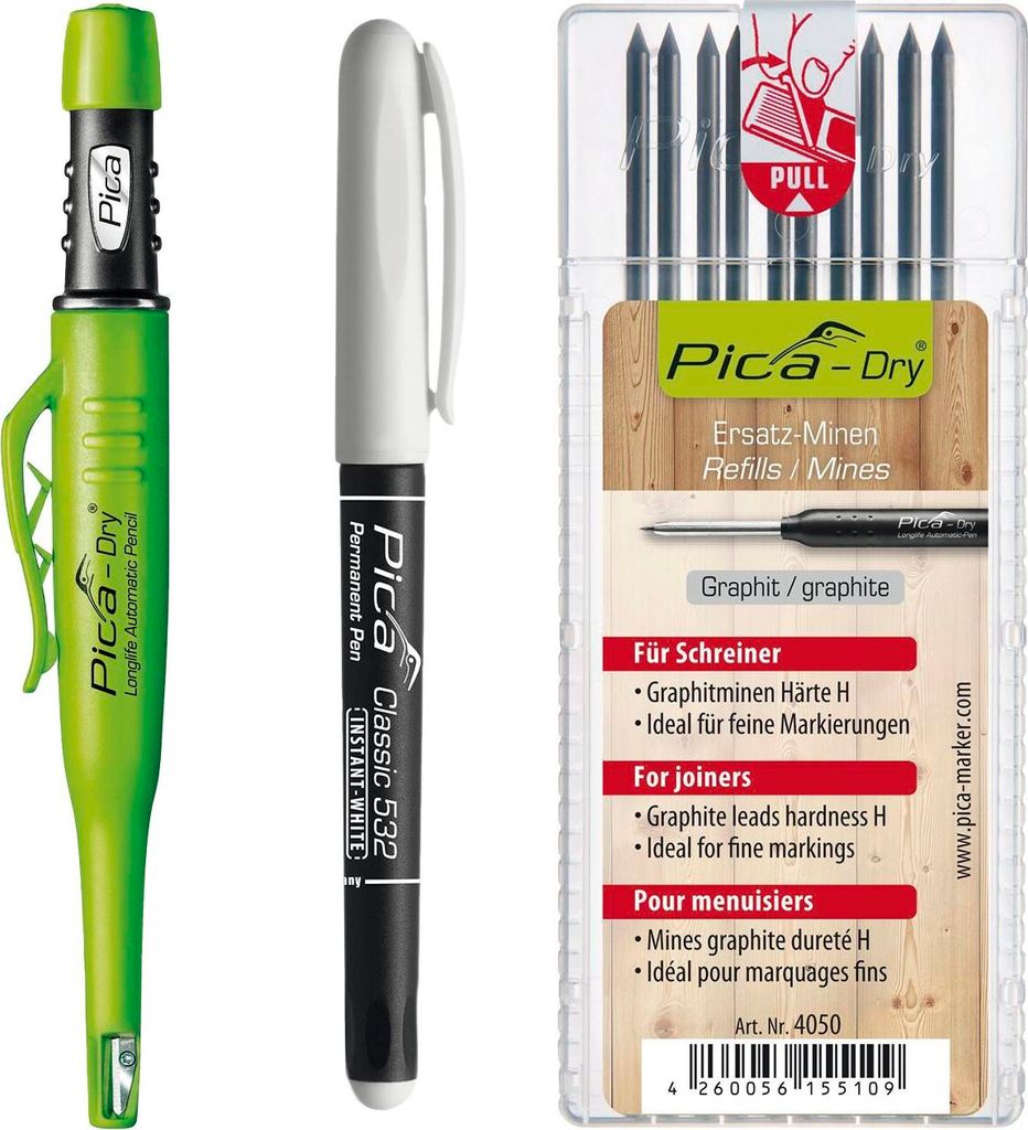 vasalat Pica Permanent Marker + Pica Dry Tieflochmarker Graphit + 10 Ersatzminen