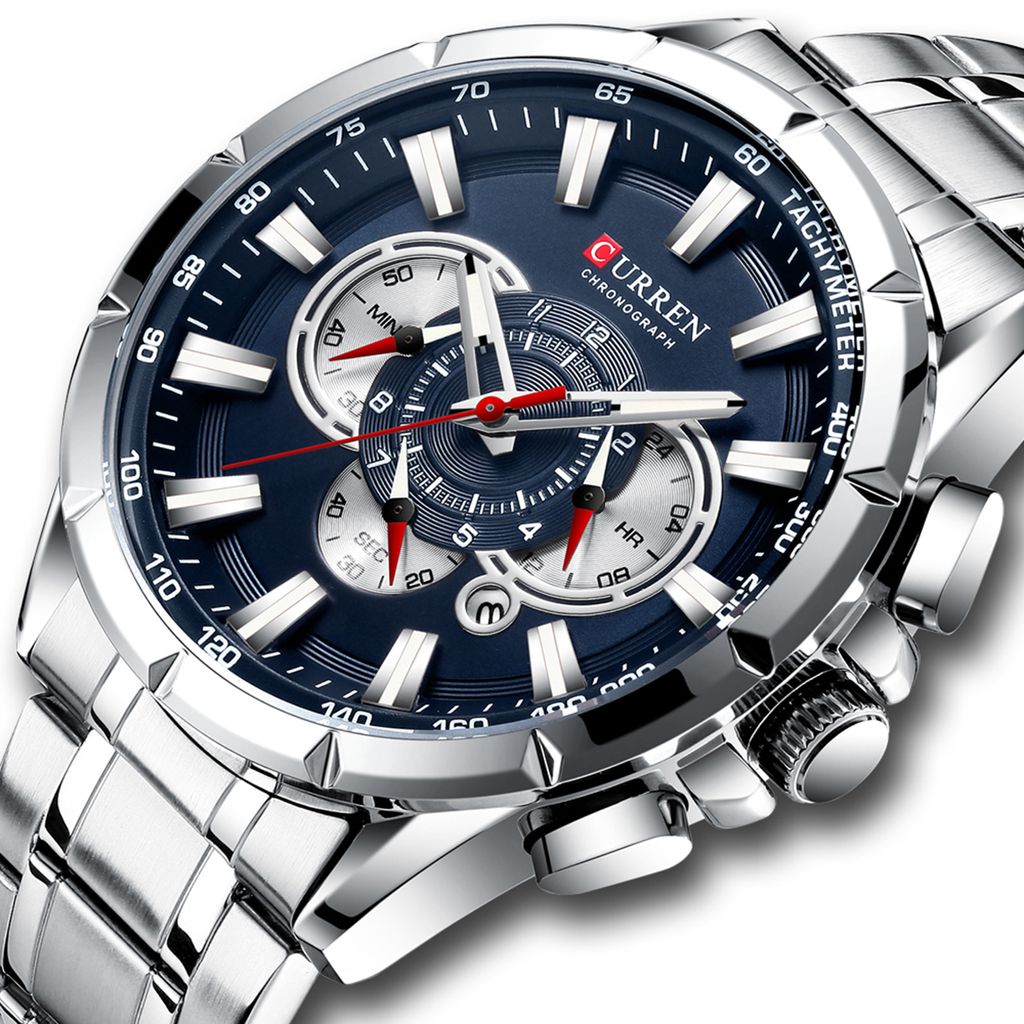 A close-up studio shot of a men's wristwatch.