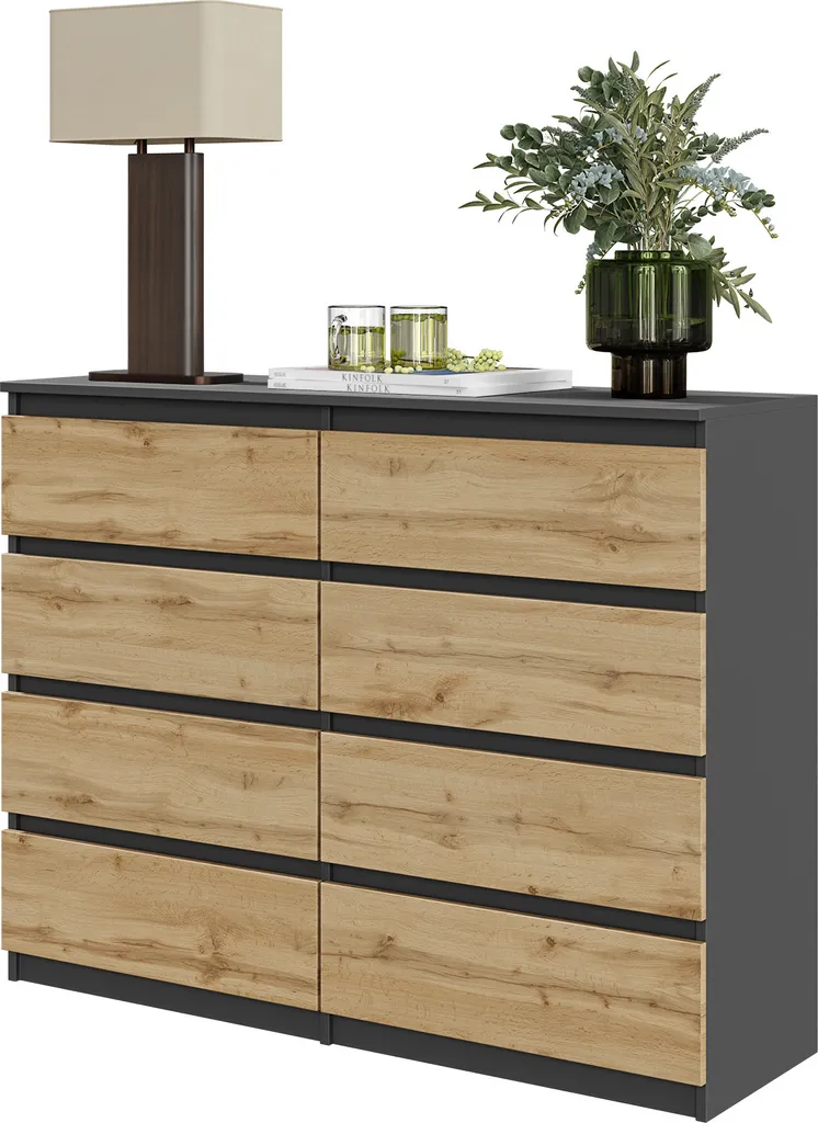 Buffet bas 8 tiroirs GABRIEL Commode de rangement 120cm Gris et Chêne