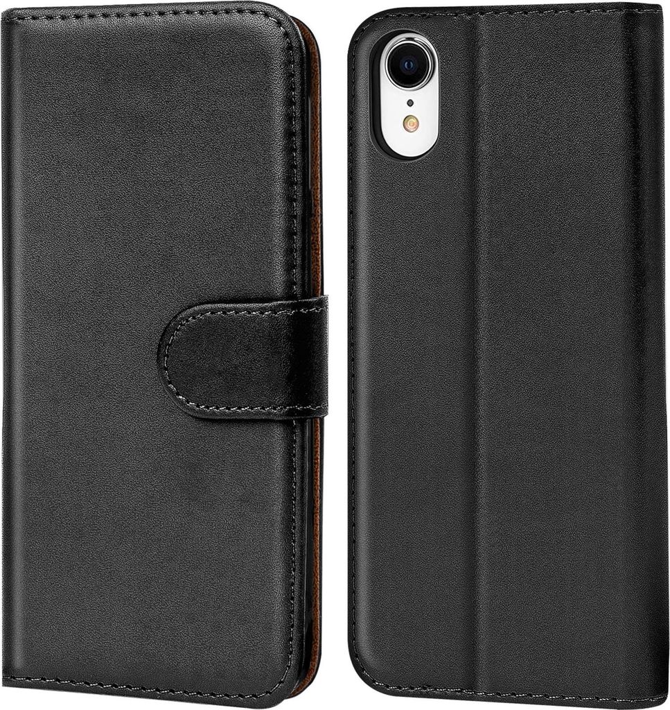 A black flip case for a smartphone is shown from the front and back.