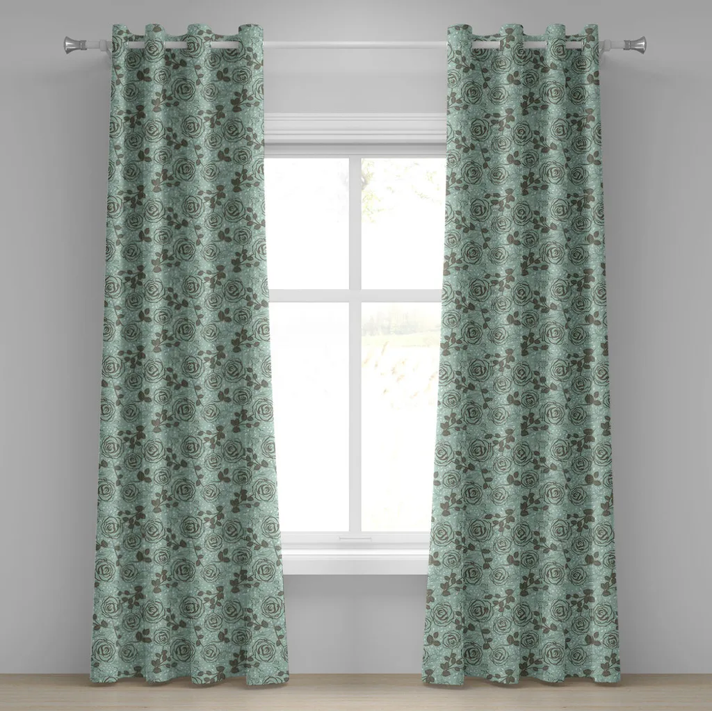 Rideau vert écume de mer aux motifs roses et oiseaux style romantique