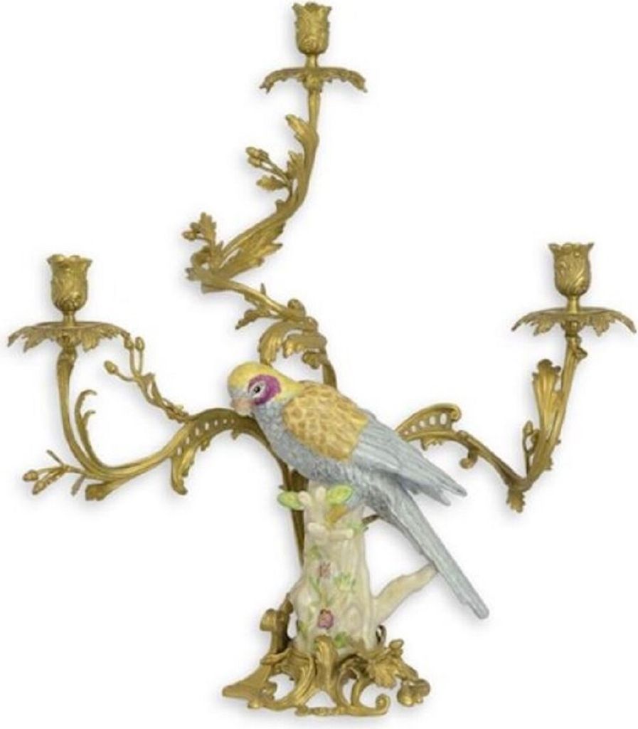 Casa Padrino Barock Kerzenständer Messing / Porzellan Papagei im italienischen Stil H62 cm - Antik Stil Kerzenhalter Vogel