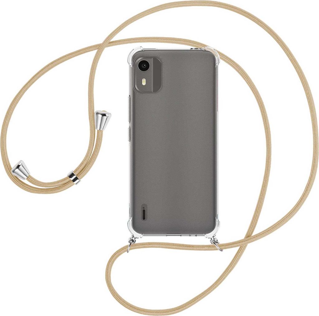 Handykette Backcover-Schutzhülle mit Band (Metall silberfarben) für Nokia C12, Nokia C12 Pro (6.3'') - caramel