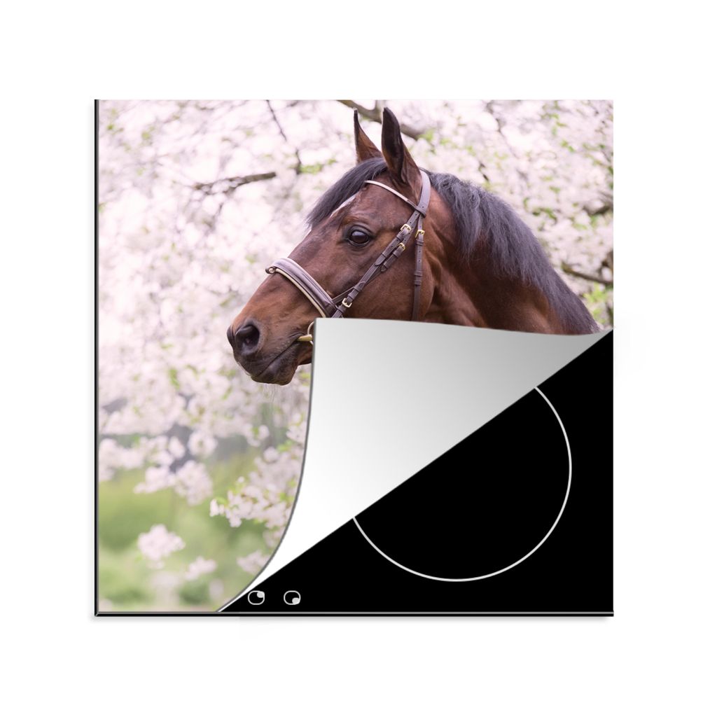 KitchenYeah Herdabdeckplatte Pferd - Sakura - Halfter , 78x78cm, Küche Deko, Glaskeramikkochfeld Herdabdeckung, Abdeckplatte fùr Kochfeld