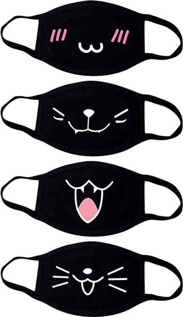 Kuschelweiches Unisex-Softmaske Anti-Stoff-Reaktions-Kawaii Mondschutz Emotions-Expression-Masken Schwarz - Set aus 4 Teilen mit Designmotiv