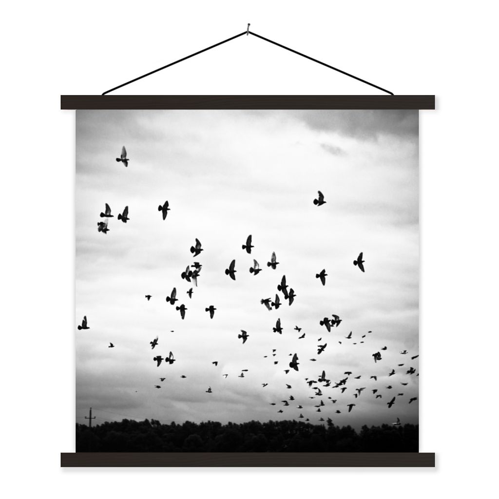 MuchoWow Textilposter Tiere - Vögel - Wolken - Schwarz - Weiß 90x90 cm mit schwarzem Rahmen - Magnetisches
