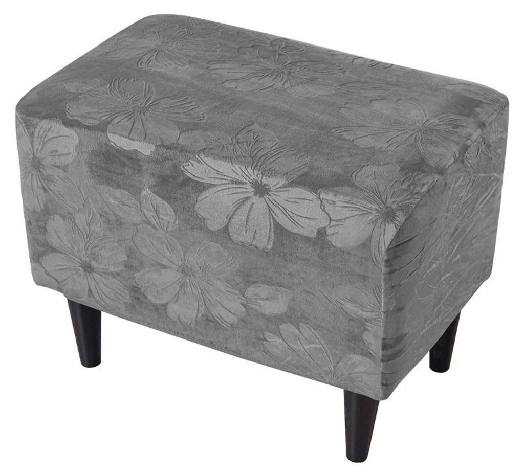 Hockerbezug / Poufbezug für Fußhocker und Pouf – Dunkelgrau, Velours, geprägtes Hibiskusblüten, weich, elastisch, passgenauer Schutzbezug