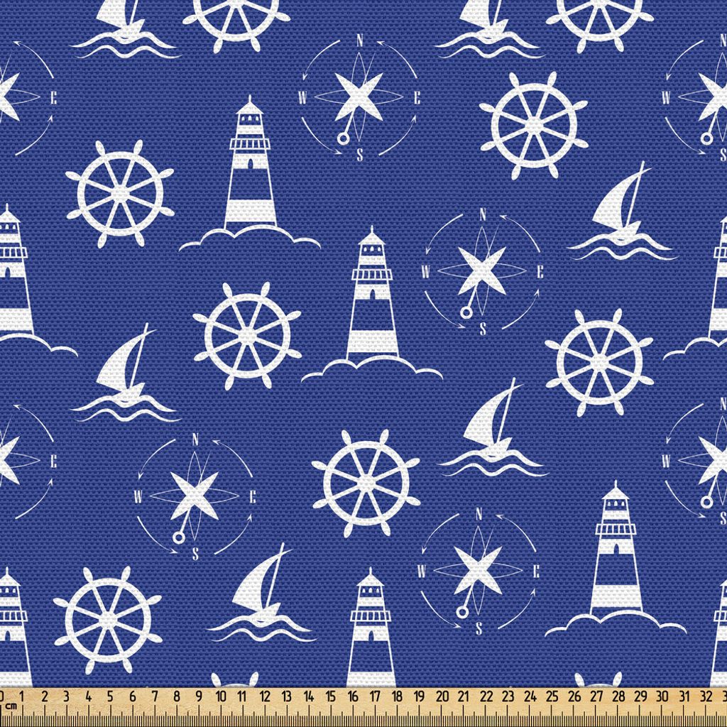 ABAKUHAUS Leuchtturm Gewebe als Meterware, Marine Silhouetten Kompass Schiffe und Lenkrad nautische Anordnung, 10 M (148 x 1000 cm), Violett Blau W...