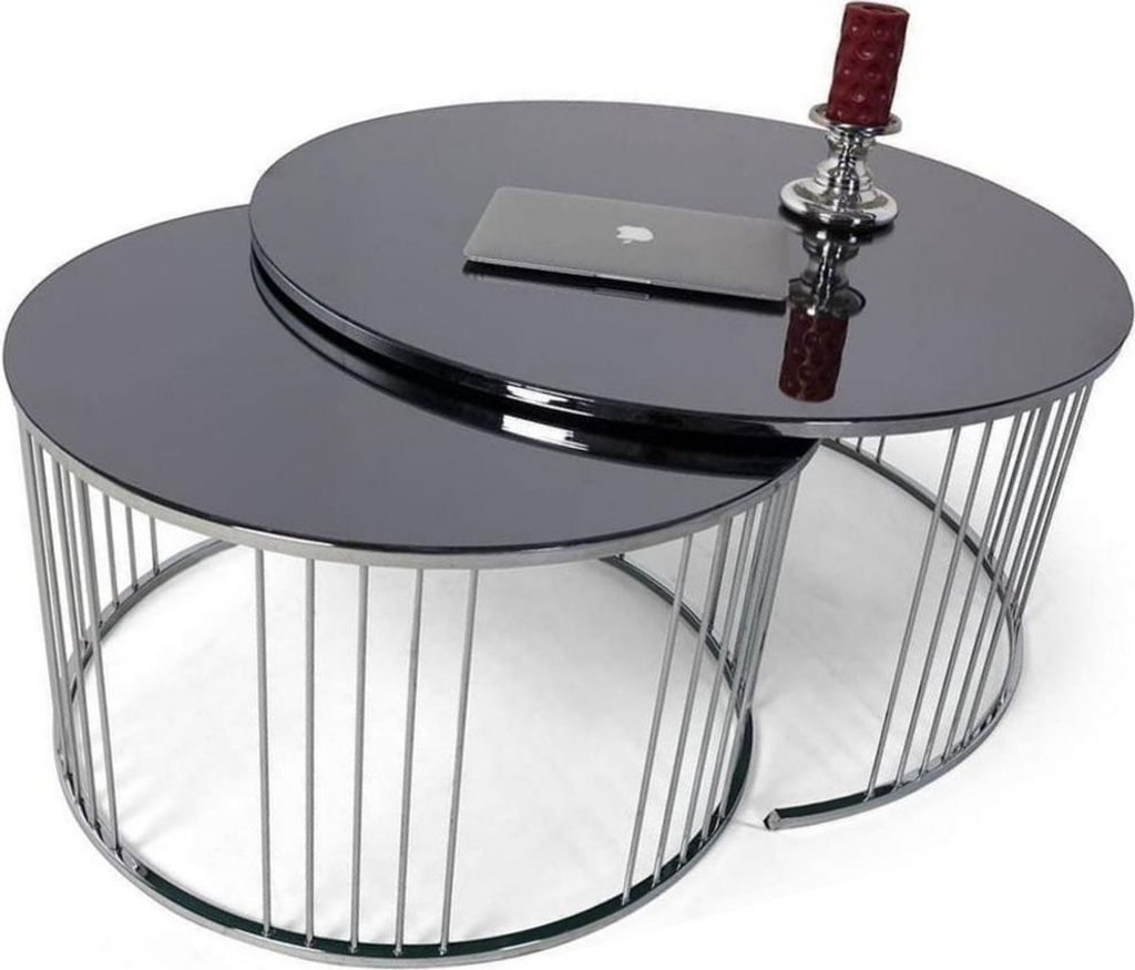 Casa Padrino Luxus Couchtisch Set Silber / Schwarz - 2 runde Wohnzimmertische mit Glasplatte - Wohnzimmer Möbel - Luxus Kollektion