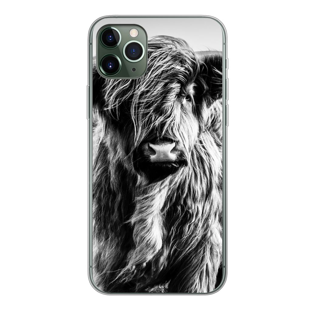 MuchoWow Handyhülle Schutzhülle Hülle für iPhone 11 Pro Max Schottischer Highlander - Natur - Kuh - Schwarz - Weiß Silikon Softcase Handy H...