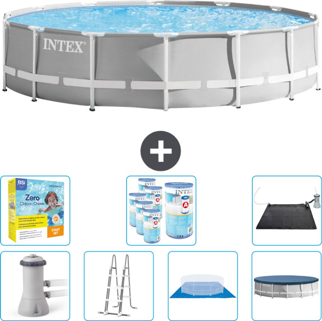 Intex Round Prism Frame Swimming Pool – 427 x 107 cm – Grau – inklusive Pumpe – Leiter – Bodenplane – Abdeckung Wartungspaket - Filter ...